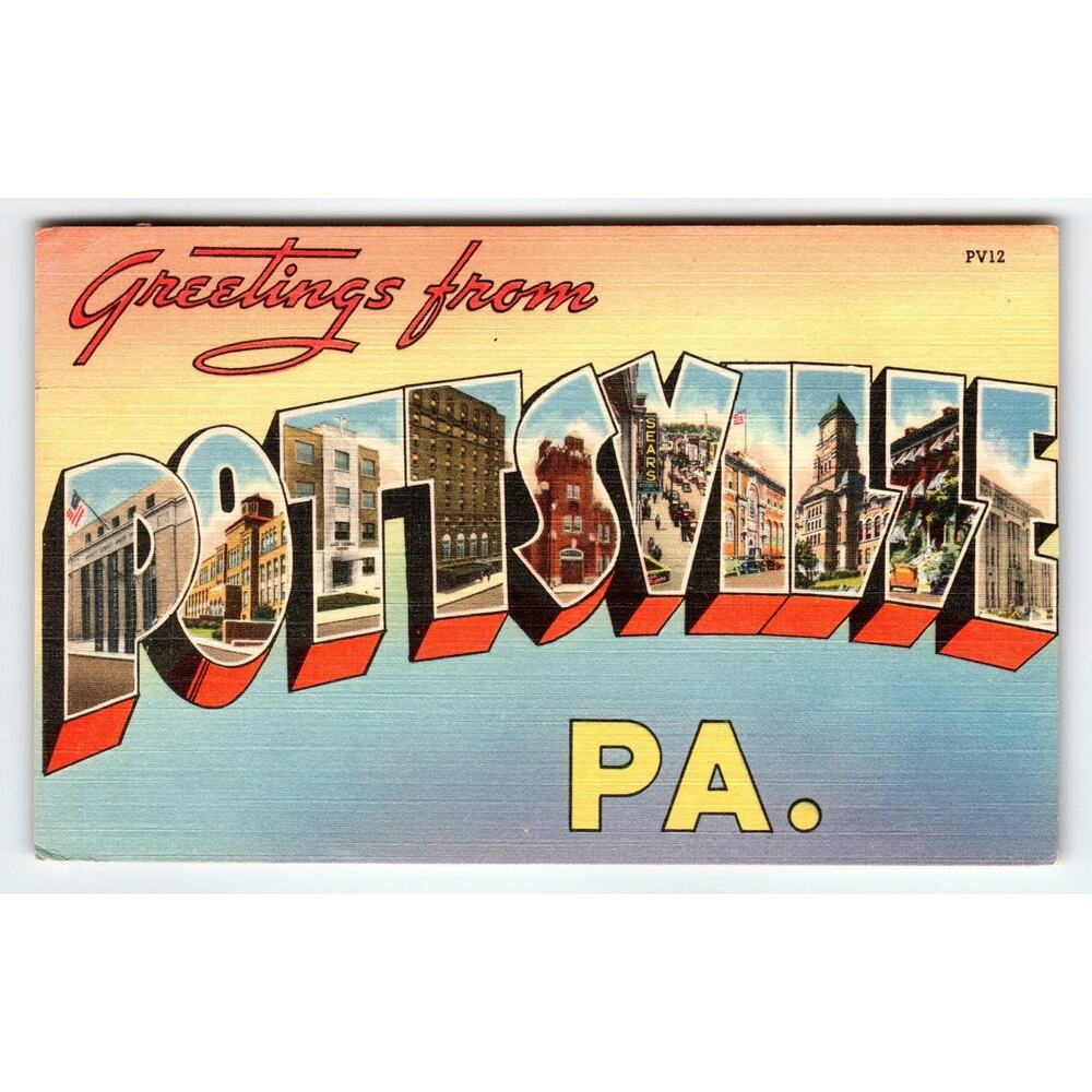 Vintage Pottsville Large Letter Greetings from Pennsylvania Linen Postcard 1960